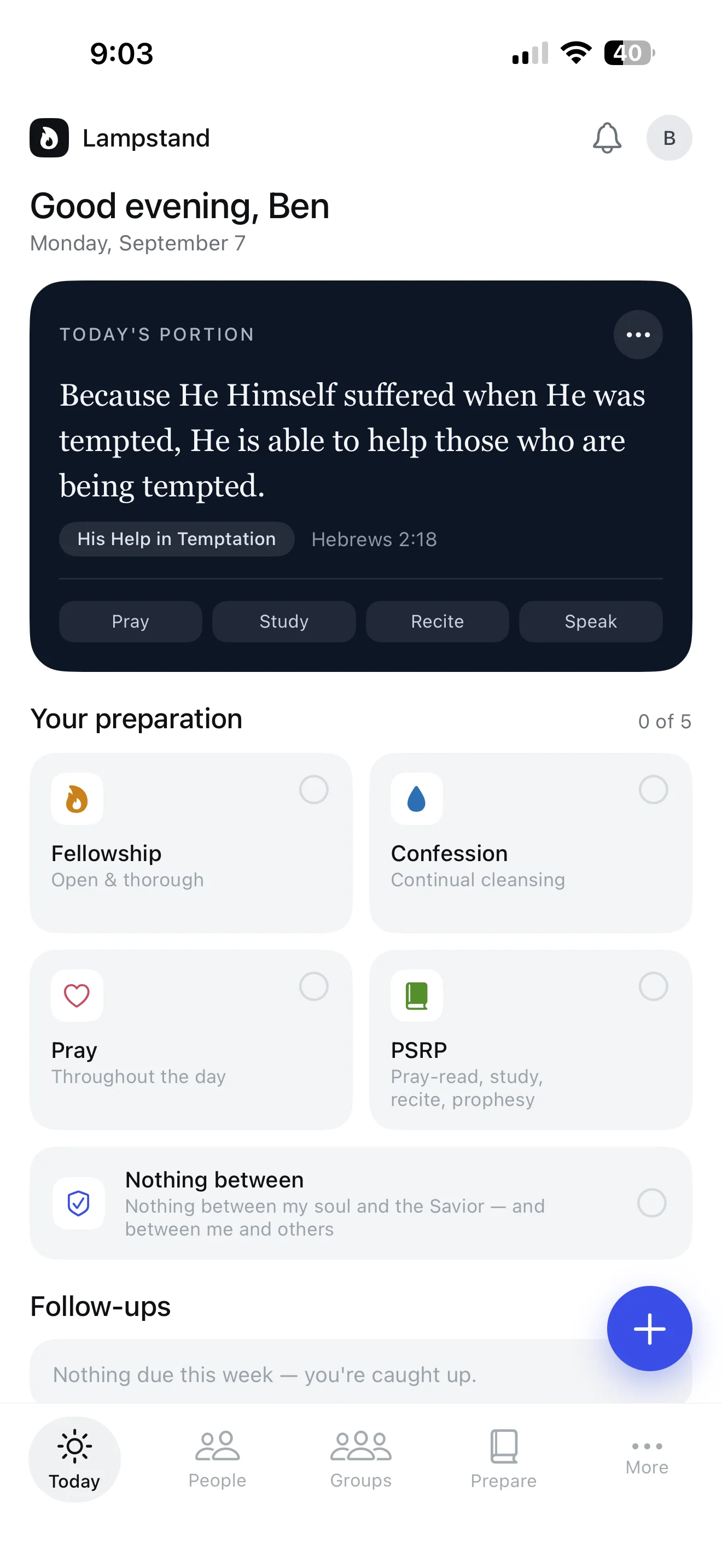 Lampstand Today screen showing daily scripture, preparation activities, and follow-ups