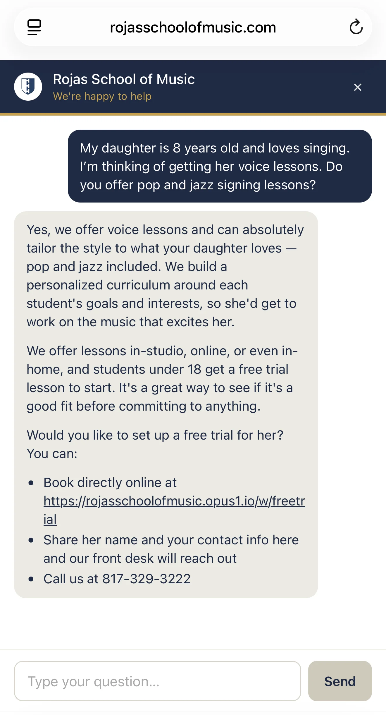 RSOM chatbot answering a parent’s question about voice lessons for an eight-year-old and explaining how to book a free trial
